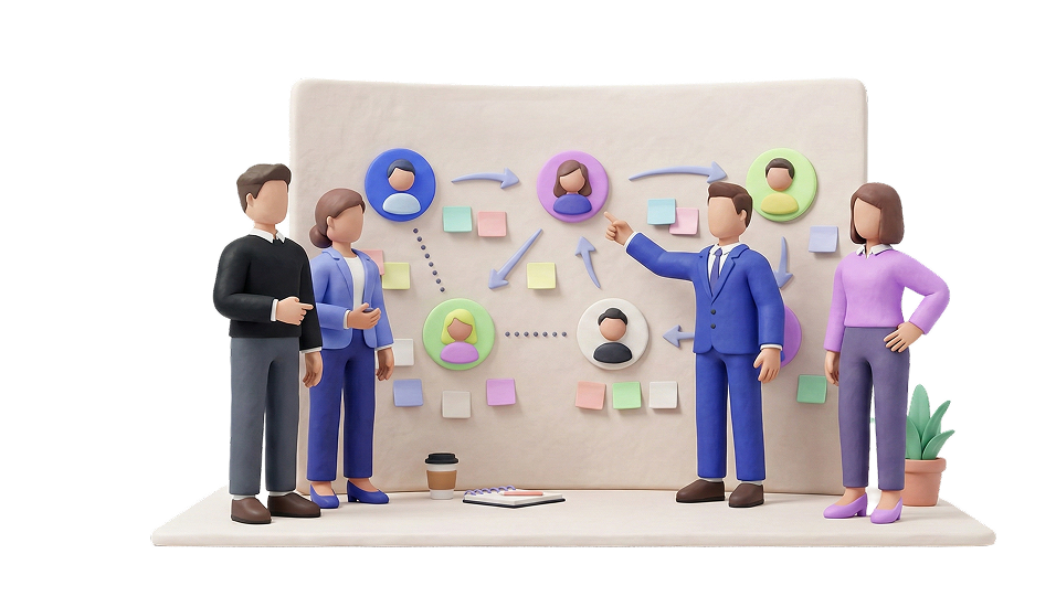 Clay figures gathered around a customer journey board