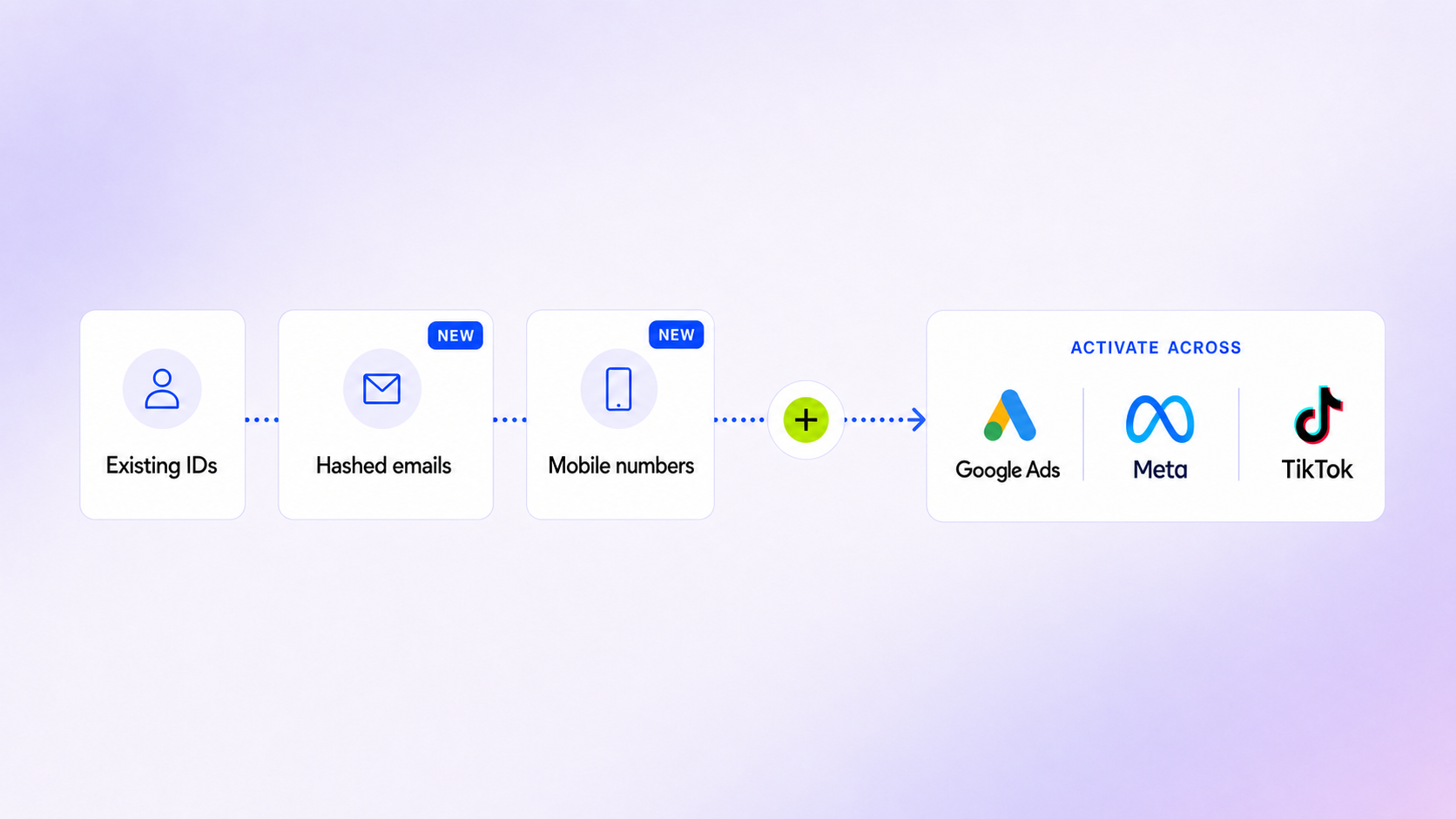Diagram showing audience identifiers flowing to Google Ads, Meta and TikTok