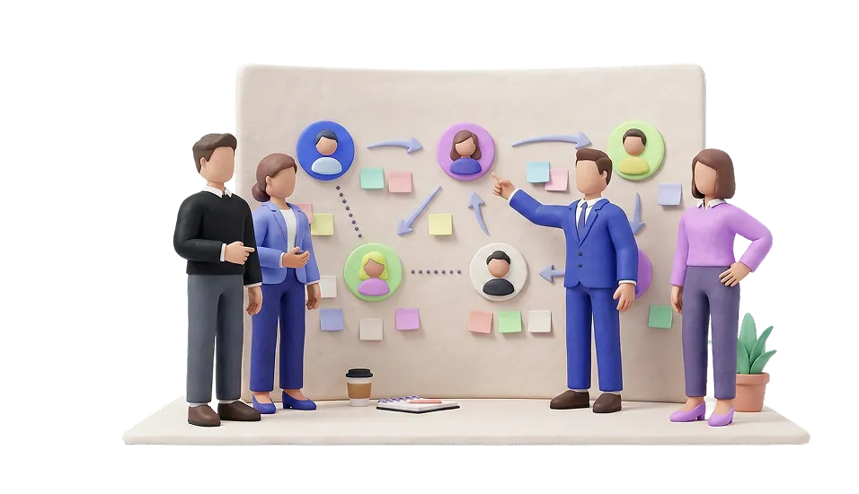 Clay figures gathered around a customer journey board