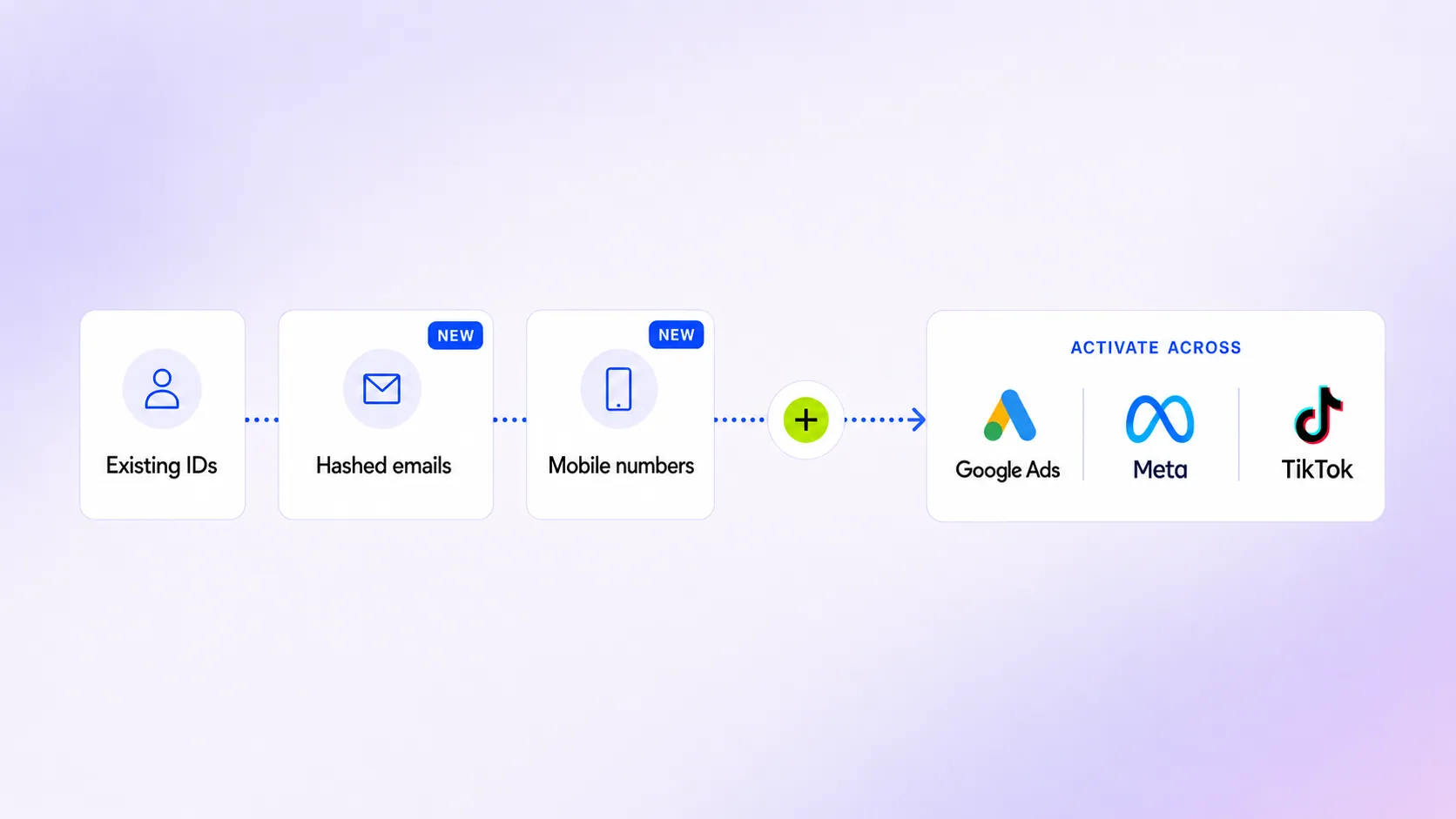 Diagram showing audience identifiers flowing to Google Ads, Meta and TikTok